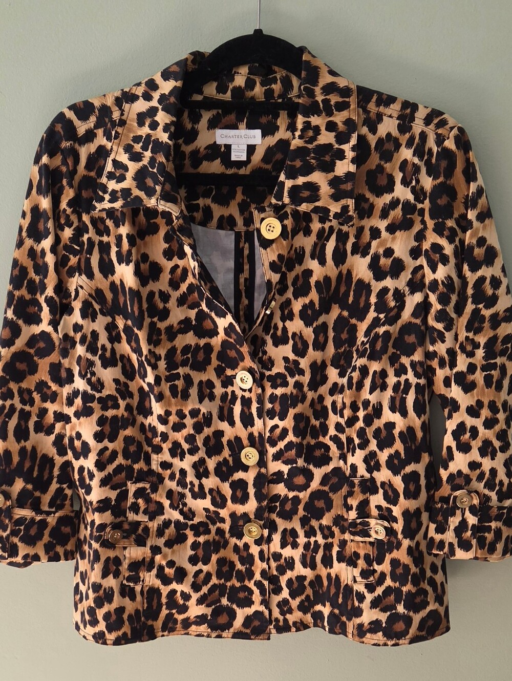 Charter Club Leopard Print Button Up Blazer Jacket Womens L Large Lightweight
